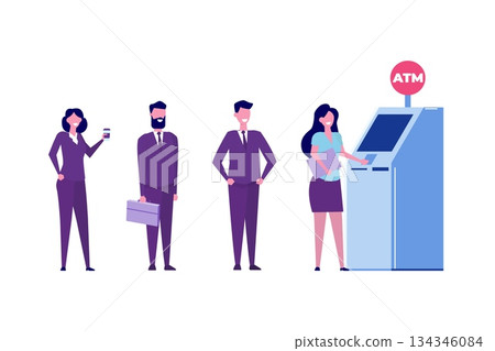 People are waiting in line near ATM machine. Queue at the ATM. Perform financial transactions Vector illustration in a flat style People are waiting in line near ATM machine. Queue at the ATM. Perform financial transactions Vector illustration in a flat style 134346084