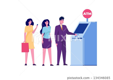 People are waiting in line near ATM machine. Queue at the ATM. Perform financial transactions Vector illustration in a flat style People are waiting in line near ATM machine. Queue at the ATM. Perform financial transactions Vector illustration in a flat style 134346085