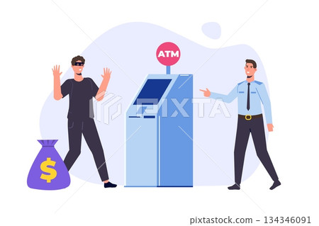 ATM hacking crime concept. Policeman arresting a hacker. Stop financial crime. Vector flat style illustration. ATM hacking crime concept. Policeman arresting a hacker. Stop financial crime. Vector flat style illustration. 134346091