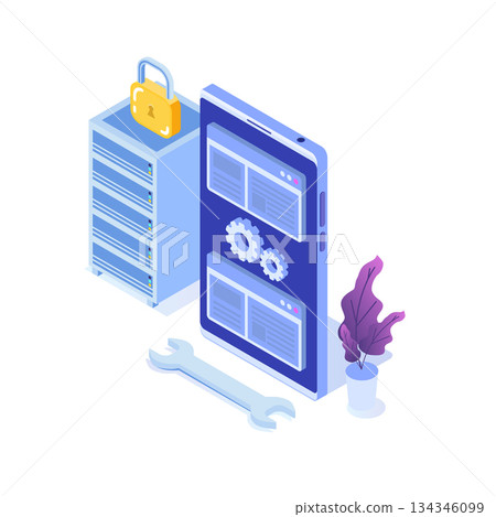 IT  Administrators server, systems configuration, network upkeeping, Data center  concept. Flat isometric vector illustration 134346099