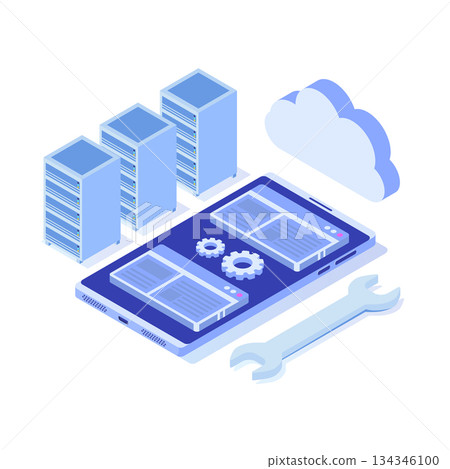 IT Administrators server, systems configuration, network upkeeping, Data center concept. Flat isometric vector illustration IT Administrators server, systems configuration, network upkeeping, Data center concept. Flat isometric vector illustration 134346100