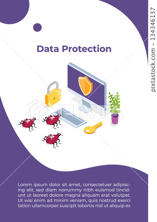 Computer virus, Data Protection isometric concept, Network data, Internet security, Secure bank transaction.  Vector illustration. 134346137