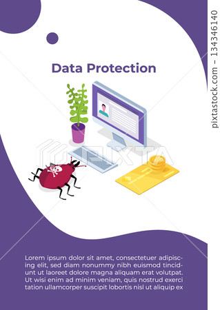 Computer virus, Data Protection isometric concept, Network data, Internet security, Secure bank transaction.  Vector illustration. 134346140