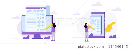 Online adhd, attention deficit hyperactivity disorder test. Vector illustrations for banner, website, landing page, flyer. Online adhd, attention deficit hyperactivity disorder test. Vector illustrations for banner, website, landing page, flyer. 134346145
