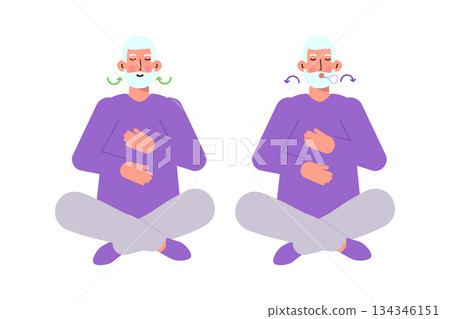 Senior man doing breathing exercises. Vector illustrations for banner, website, landing page, flyer. Senior man doing breathing exercises. Vector illustrations for banner, website, landing page, flyer. 134346151