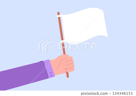 Hand hold white flag, capitulation in competition concept. Vector illustration. 134346153