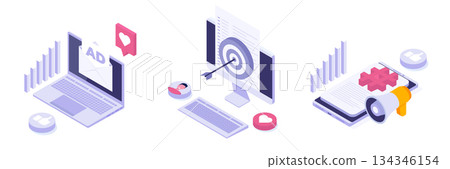 Cross-posting social, Social network, media promotion, push advertising concept. Isometric Vector illustrations set for banner, website, landing page, flyer. 134346154