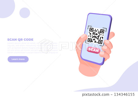 Use smartphone for QR code scanning.  3d Vector illustration for banner, website, landing page, flyer. 134346155