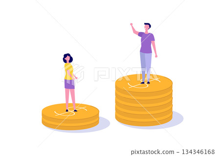 Social inequality, Salary gap concept. Standing on stacks of coins. Cartoon Flat Vector illustration for banner, website, landing page, flyer. Social inequality, Salary gap concept. Standing on stacks of coins. Cartoon Flat Vector illustration for banner, website, landing page, flyer. 134346168