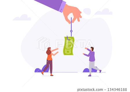 Money bait, money trap concept. Dollar on the fishing hook. Vector illustrations for banner, website, landing page, flyer. Money bait, money trap concept. Dollar on the fishing hook. Vector illustrations for banner, website, landing page, flyer. 134346188