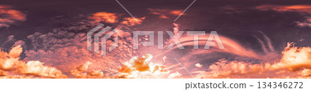 360 panorama of glowing sunset sky with bright Cirrus clouds. Seamless hdr spherical 360 panorama. Sky dome in 3D visualization, sky replacement for aerial drone panoramas. Weather and climate change 360 panorama of glowing sunset sky with bright Cirrus clouds. Seamless hdr spherical 360 panorama. Sky dome in 3D visualization, sky replacement for aerial drone panoramas. Weather and climate change 134346272