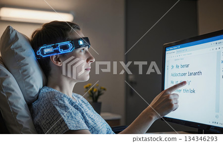 Brain-Computer-Interface-Based-Communication. A hospital room where a person who is unable to speak or move is communicating with a loved one Brain-Computer-Interface-Based-Communication. A hospital room where a person who is unable to speak or move is communicating with a loved one 134346293