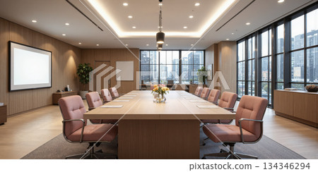 Corporate training room with a long wooden table, cushioned chairs, and modern lighting fixtures. Add a whiteboard and projector screen Corporate training room with a long wooden table, cushioned chairs, and modern lighting fixtures. Add a whiteboard and projector screen 134346294