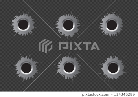 Realistic Bullet holes Set. Isolated on transparent background. Vector illustration. Realistic Bullet holes Set. Isolated on transparent background. Vector illustration. 134346299