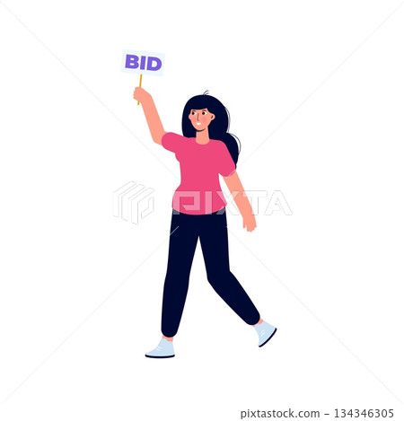 Character  holding auction paddle with bid text. Vector illustration. 134346305