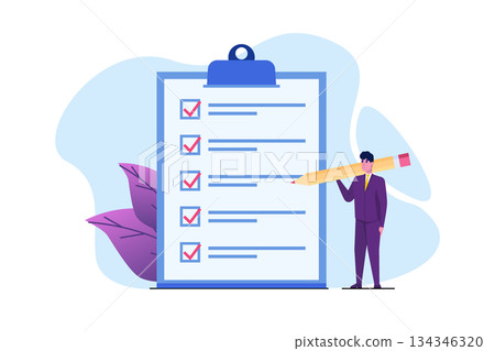 Businessman checklist concept. Checking business  task success, questionnaire checkbox. Vector illustration. 134346320