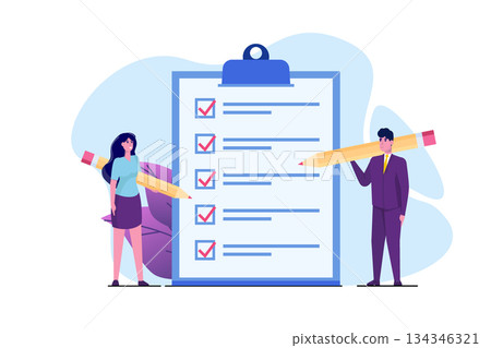 Businessman and Businesswoman checklist concept. Teamwork Checking business  task success, questionnaire checkbox. Vector illustration. 134346321