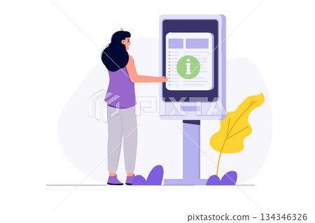Woman using self service terminal, Interactive information kiosk concept. Flat Vector illustration for banner, website, landing page, flyer. Woman using self service terminal, Interactive information kiosk concept. Flat Vector illustration for banner, website, landing page, flyer. 134346326