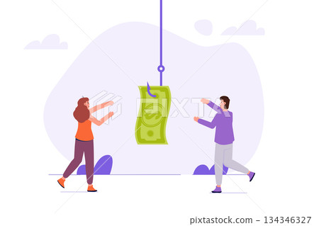 Money bait, money trap concept. Dollar on the fishing hook. Vector illustrations for banner, website, landing page, flyer. Money bait, money trap concept. Dollar on the fishing hook. Vector illustrations for banner, website, landing page, flyer. 134346327