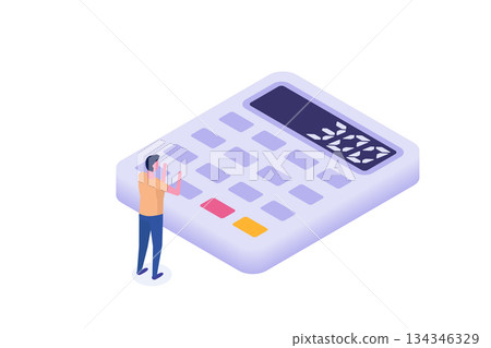 Man with big calculator. Isometric Vector illustration. Man with big calculator. Isometric Vector illustration. 134346329