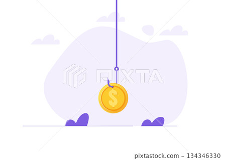 Money bait, money trap concept. Dollar on the fishing hook. Vector illustrations for banner, website, landing page, flyer. 134346330