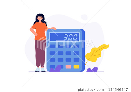 Woman with big calculator. Vector illustration. 134346347