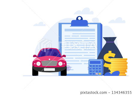 Buying new automobile on credit, car credit or loan, auto finance concept. Vector illustration. Buying new automobile on credit, car credit or loan, auto finance concept. Vector illustration. 134346355