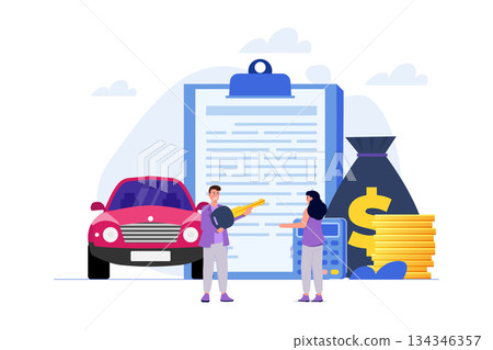 Buying new automobile on credit, car credit or loan, auto finance concept. Vector illustration. 134346357