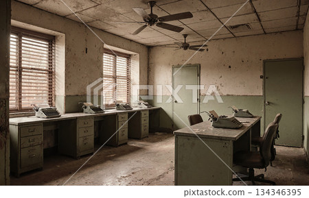 Typewriters abandoned office room vintage dusty desks ceiling fans spooky forgotten workplace interior setting. 134346395