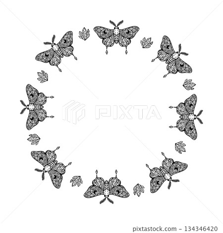 Mystical moth and crystal frame in black line art for boho or tarot design 134346420