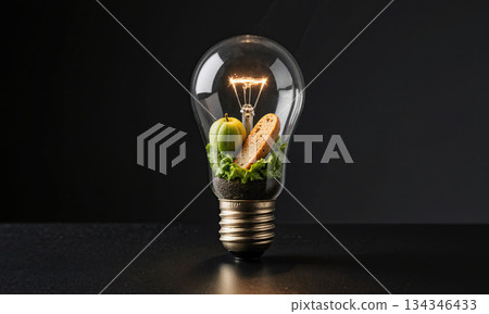 6 u 4. Groceries In Lightbulb. A classic, clear glass lightbulb is shown, but the filament inside has been replaced by 134346433