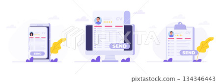 Job searching. Send online cv or upload resume, apply for jobs. Employee recruitment data paper. Cartoon Flat Vector illustrations set for banner, website, landing page, flyer. 134346443