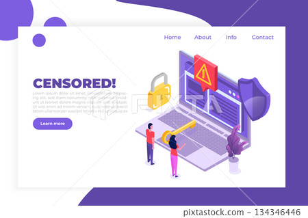 Web ban bypass, Internet censorship bypassing. Content control blocking, filtering offensive chats messaging. Vector isometric illustration. 134346446