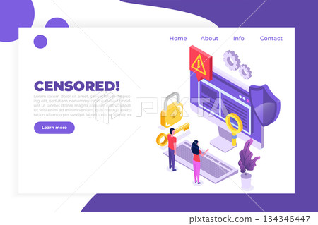 Web ban bypass, Internet censorship bypassing. Content control blocking, filtering offensive chats messaging. Vector isometric illustration. Web ban bypass, Internet censorship bypassing. Content control blocking, filtering offensive chats messaging. Vector isometric illustration. 134346447