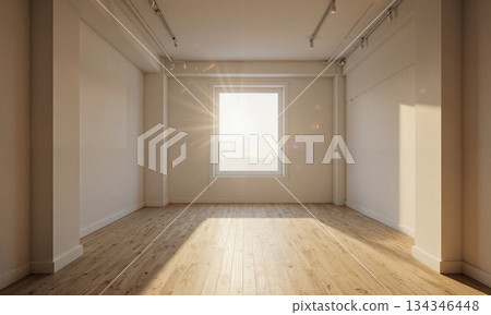 Golden Hour Studio - An empty studio with white walls and a light wooden floor, bathed in the warm, golden 134346448