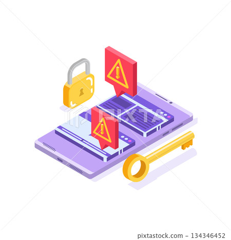 Web ban bypass, Internet censorship bypassing. Content control blocking, filtering offensive chats messaging. Vector isometric illustration. Web ban bypass, Internet censorship bypassing. Content control blocking, filtering offensive chats messaging. Vector isometric illustration. 134346452