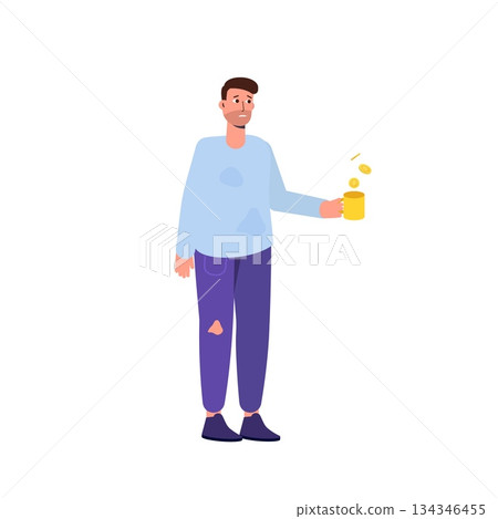 Homeless Poor Beggar man without a money and home. Vector illustration in cartoon style. Homeless Poor Beggar man without a money and home. Vector illustration in cartoon style. 134346455