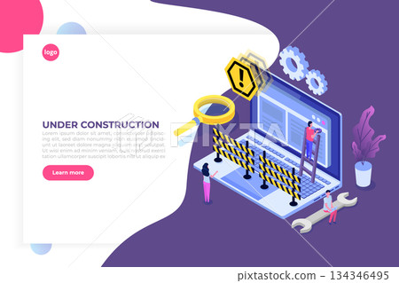 Developing web site, Website under construction, Coming Soon concept page. Maintenance work.  Flat Isometric Vector Illustration. 134346495