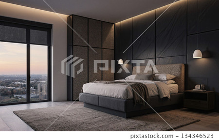 Calming Bedroom Retreat - A master bedroom with acoustic wall panels in woven texture, platform bed with hidden storage Calming Bedroom Retreat - A master bedroom with acoustic wall panels in woven texture, platform bed with hidden storage 134346523