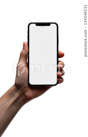 Tech Device Mockup Hand holding a modern smartphone vertically, screen facing forward and blank, studio lighting, isolated for product mockup 134346531