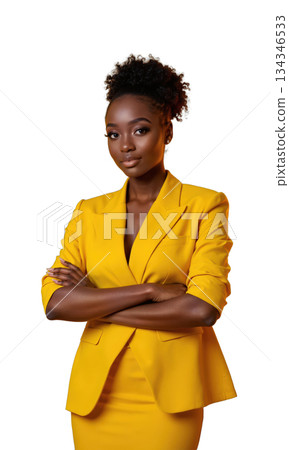 A Black female entrepreneur in bold yellow, arms crossed as rays of light shoot from her hands, symbolizing energy, creativity 134346533