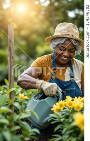 Senior Black Woman Gardening Watering Can Joy 70s female, hat gloves, joyfully watering plants with can life, transparent bg, photo-realistic Senior Black Woman Gardening Watering Can Joy 70s female, hat gloves, joyfully watering plants with can life, transparent bg, photo-realistic 134346582