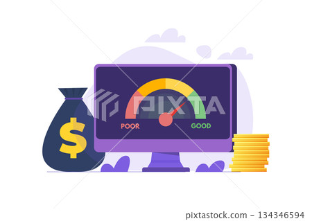 Credit score app with rating scale from poor to good rate. Vector illustration. 134346594