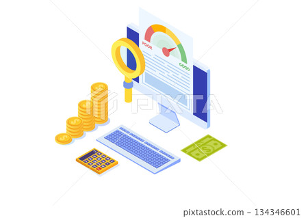 Credit score app with rating scale from poor to good rate.  Isometric Vector illustration. 134346601
