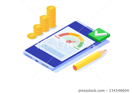 Credit score app with rating scale from poor to good rate.  Isometric Vector illustration. 134346604