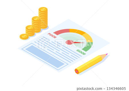 Credit score app with rating scale from poor to good rate. Isometric Vector illustration. Credit score app with rating scale from poor to good rate. Isometric Vector illustration. 134346605