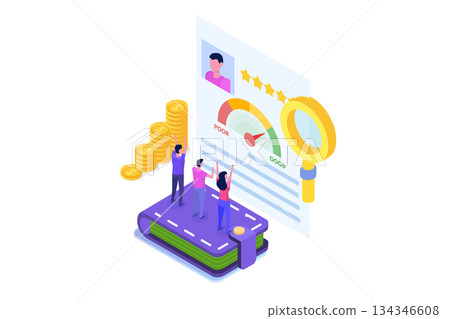 Credit score app with rating scale from poor to good rate. Isometric Vector illustration. Credit score app with rating scale from poor to good rate. Isometric Vector illustration. 134346608