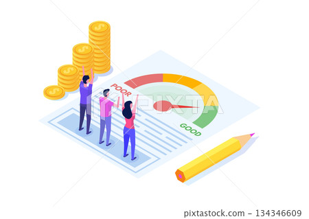Credit score app with rating scale from poor to good rate.  Isometric Vector illustration. 134346609