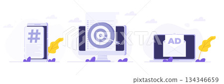 Cross-posting social, Social network, media promotion, push advertising concept. Flat Vector illustrations set for banner, website, landing page, flyer. Cross-posting social, Social network, media promotion, push advertising concept. Flat Vector illustrations set for banner, website, landing page, flyer. 134346659