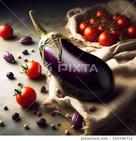 eggplant on table in rustic style, still life eggplant various ingredients 134346712